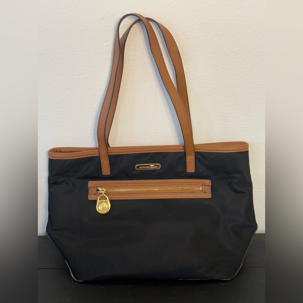 Michael Kors Jet Set Tote Bag Black Nylon & Brown Leather Trim Gold Hardware